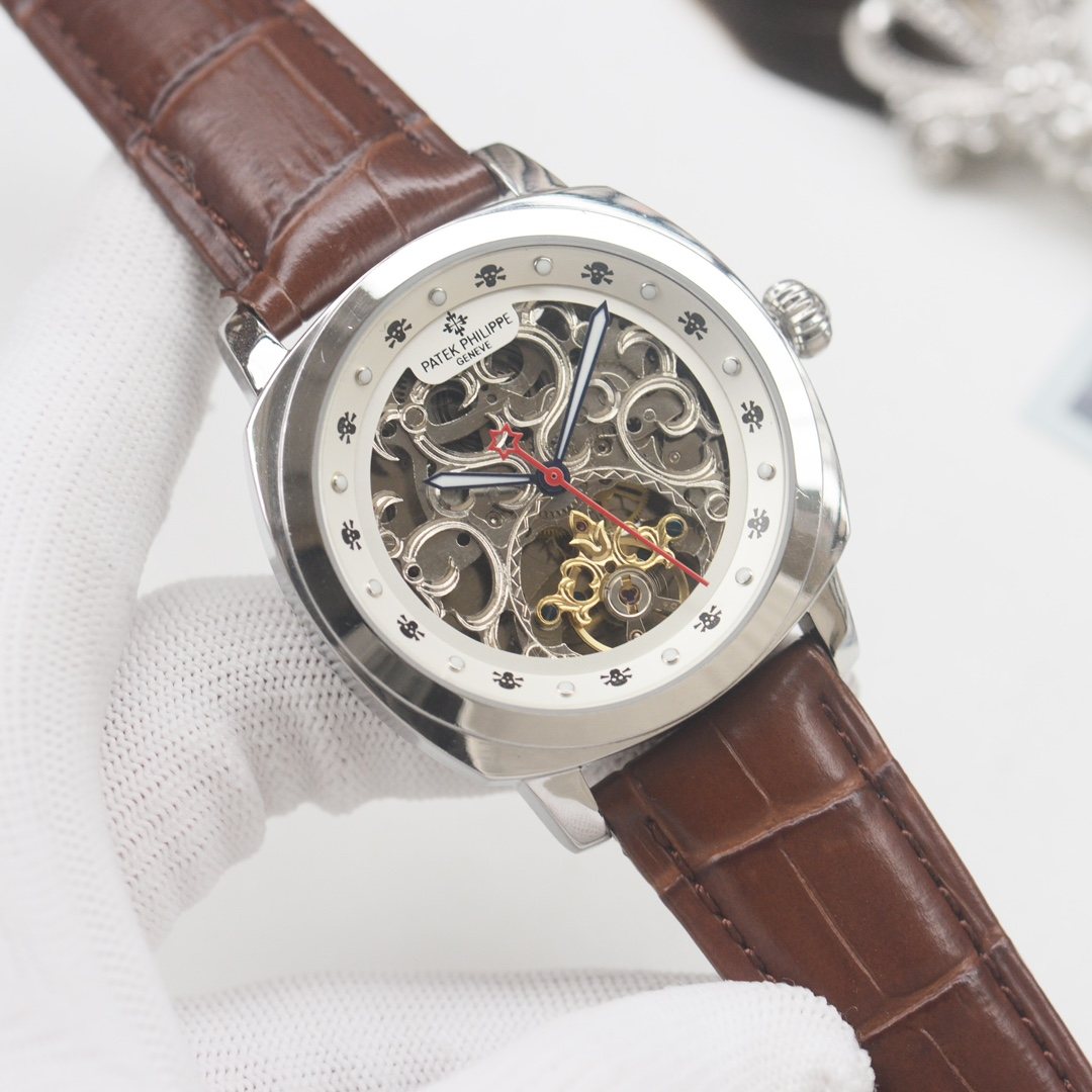 PATEK PHILIPPE Brown Silver White Dial Strap Watch — hero