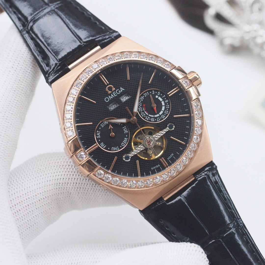 OMEGA Rose Gold Black Dial Strap Watch — hero