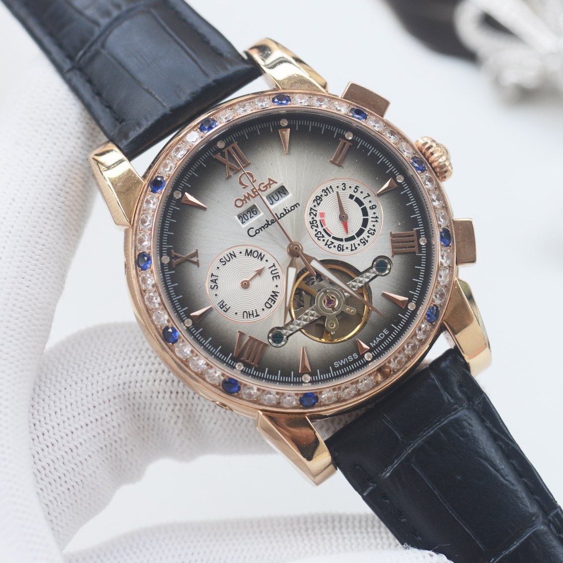 OMEGA Gold Black Silver Dial Strap Watch — hero