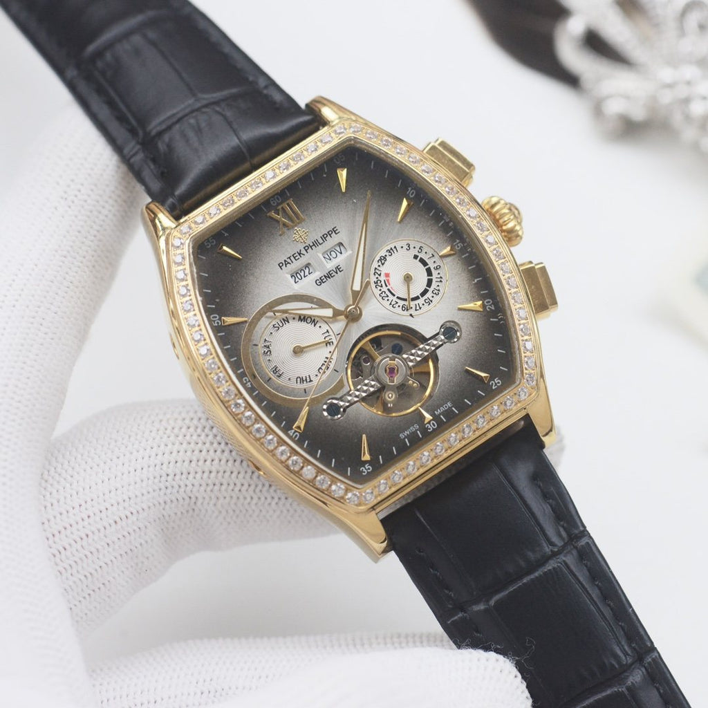 PATEK PHILIPPE Gold Black Silver Dial Leather Strap Watch — front