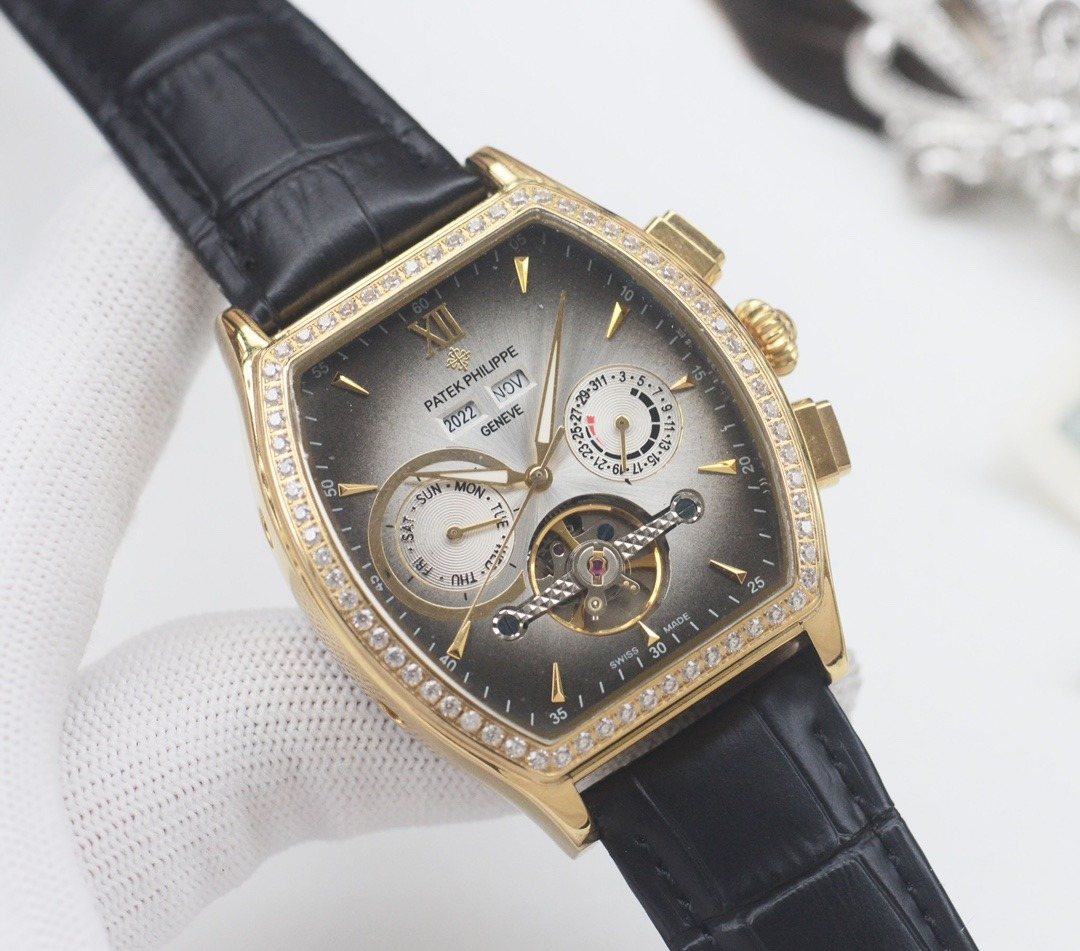 PATEK PHILIPPE Gold Black Silver Dial Leather Strap Watch — hero