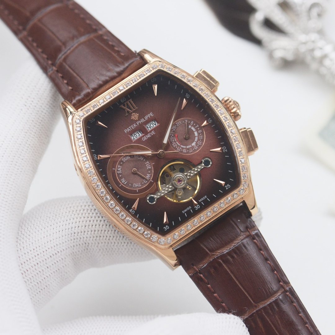PATEK PHILIPPE Rose Gold Brown Leather Strap Watch — hero