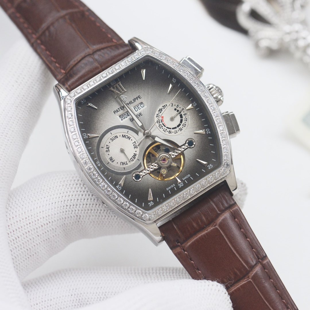 PATEK PHILIPPE Silver Brown Leather Strap Watch — hero