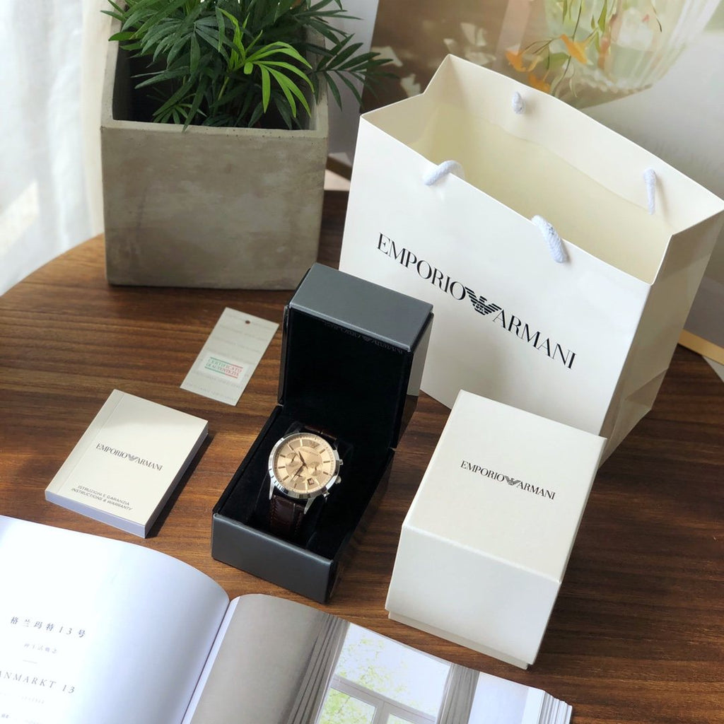 EMPORIO ARMANI Silver Brown Strap Watch — front