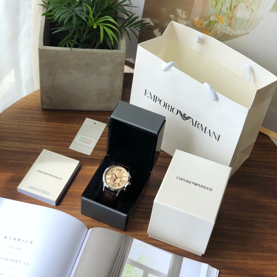 EMPORIO ARMANI Silver Brown Strap Watch — front