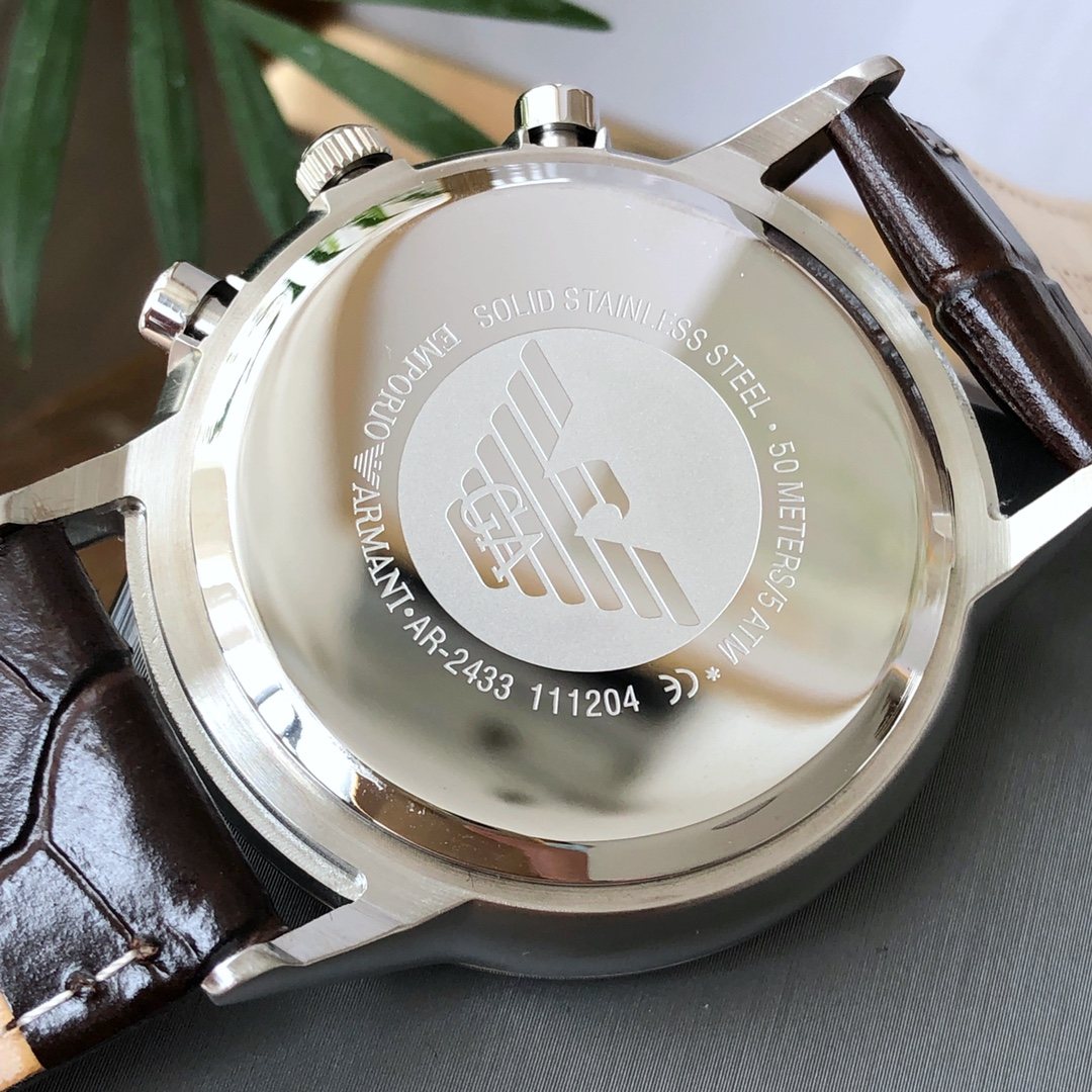 EMPORIO ARMANI Silver Brown Strap Watch — back
