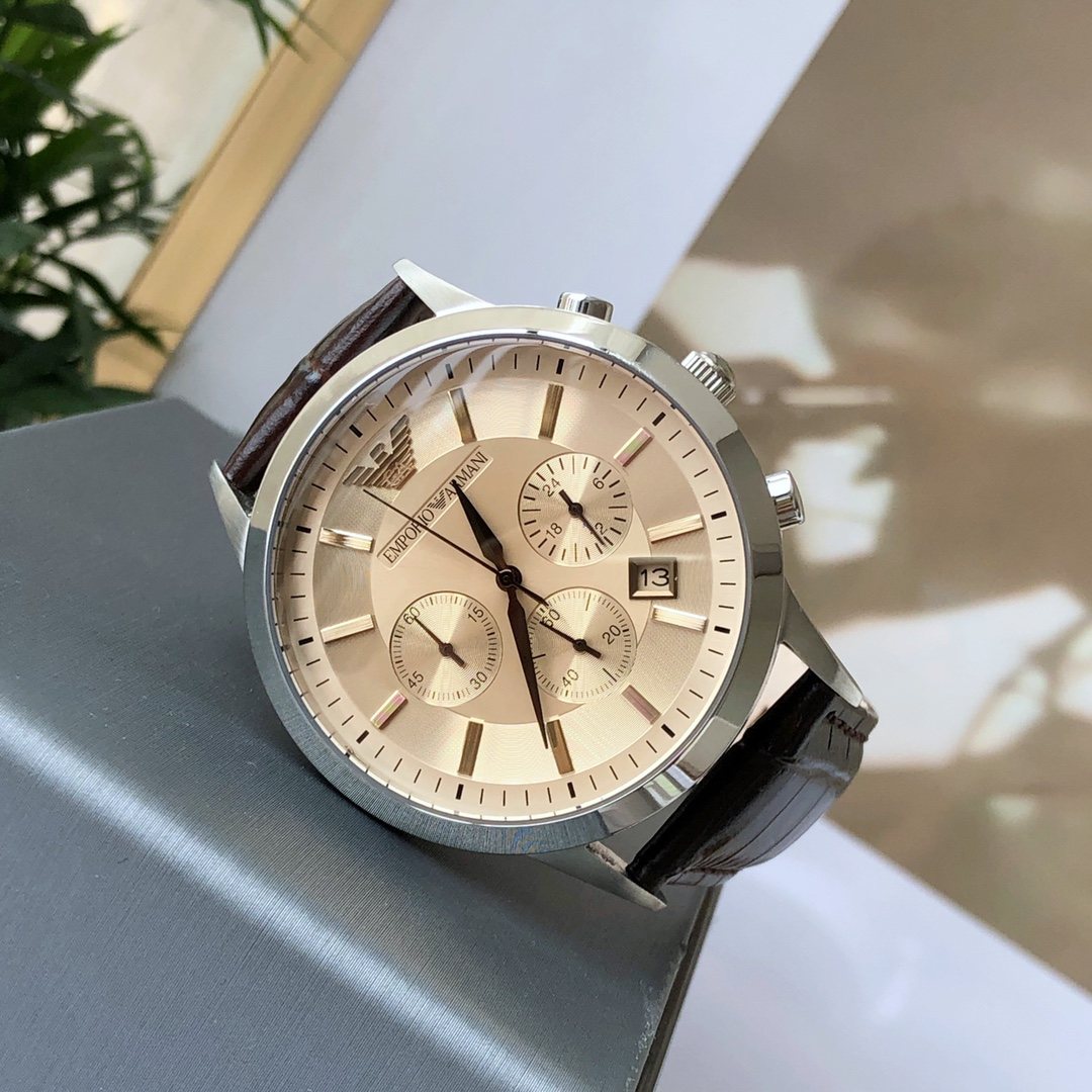 EMPORIO ARMANI Silver Brown Strap Watch — hero