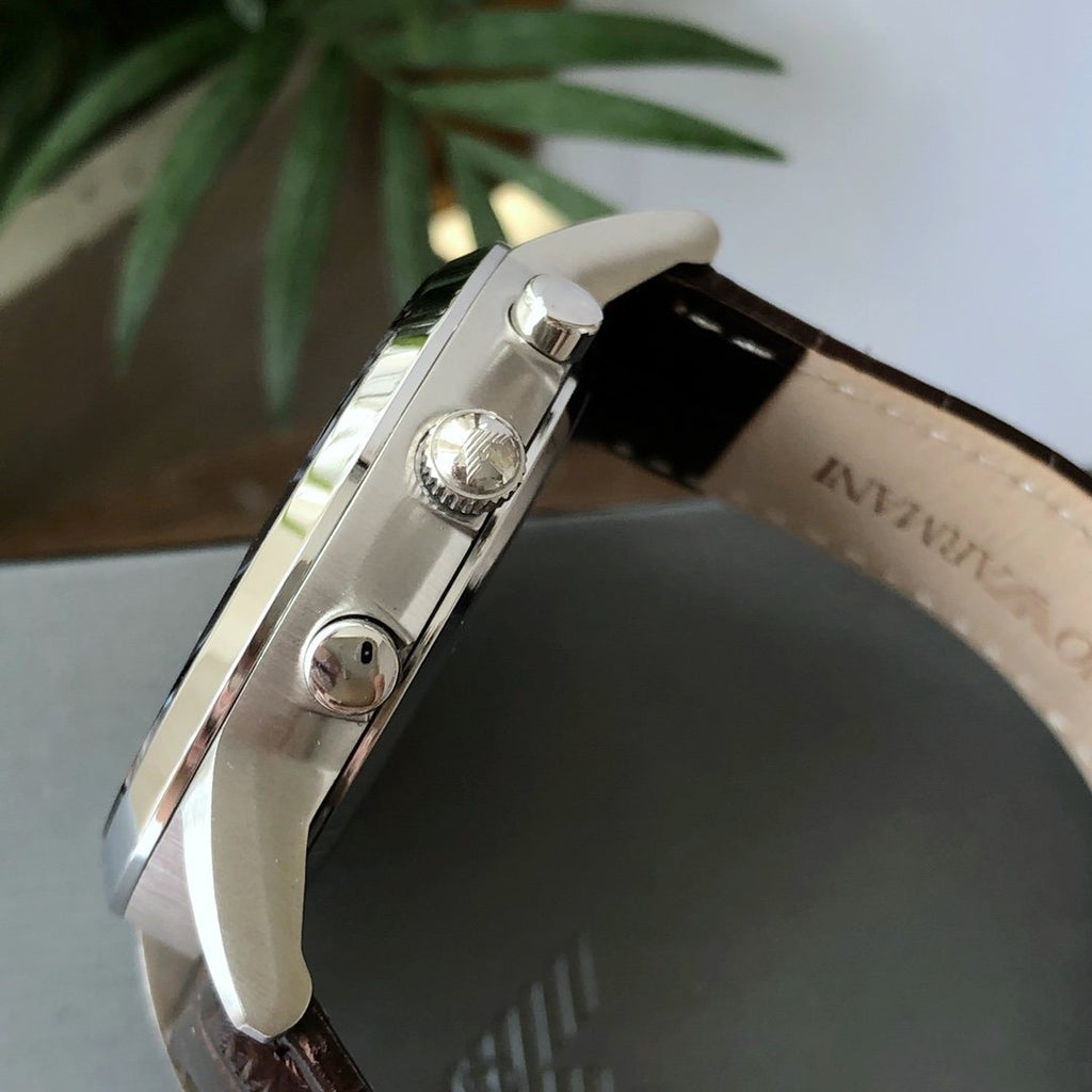EMPORIO ARMANI Silver Brown Strap Watch — side