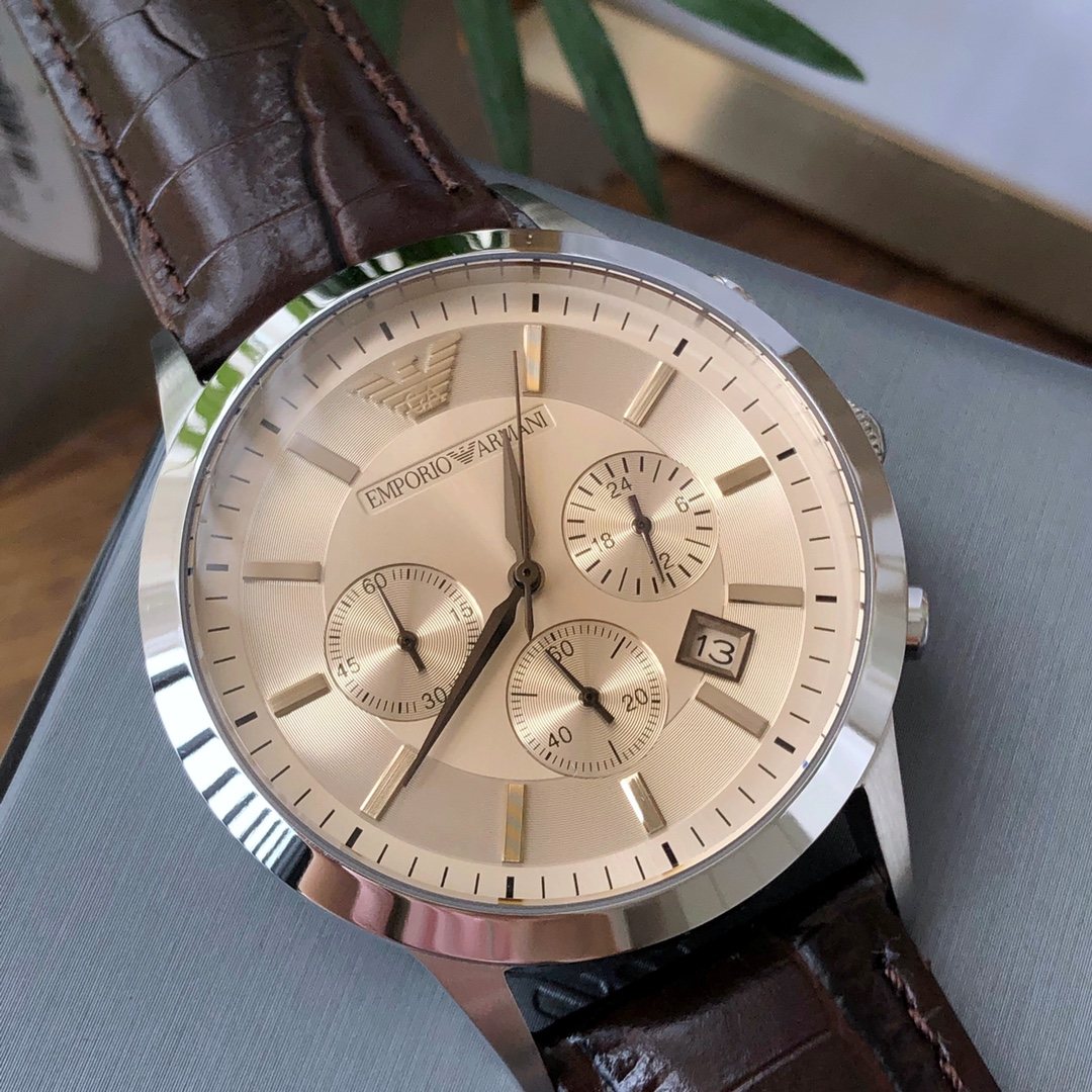 EMPORIO ARMANI Silver Brown Strap Watch — front