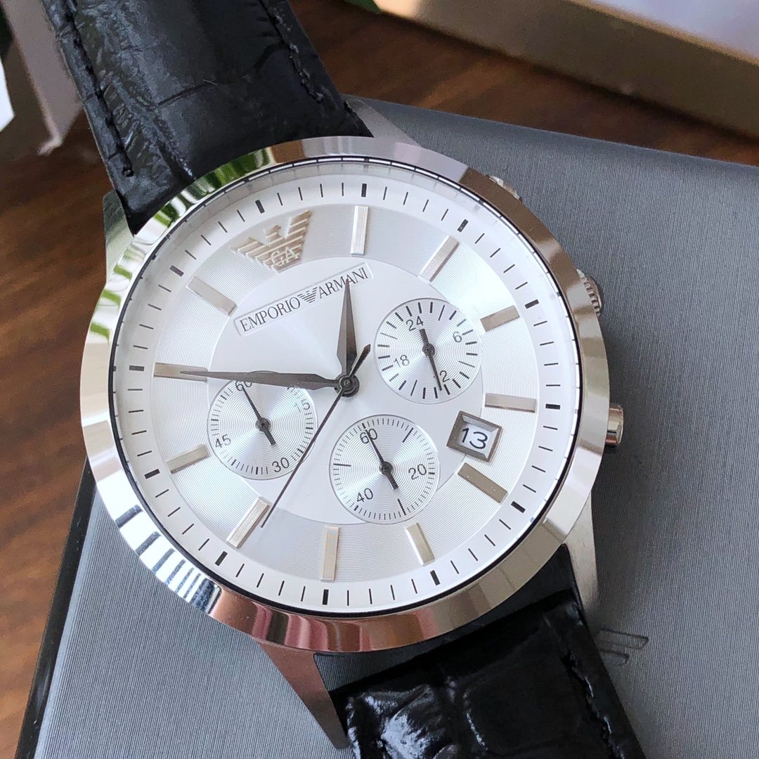 EMPORIO ARMANI Silver Black White Dial Strap Watch — front