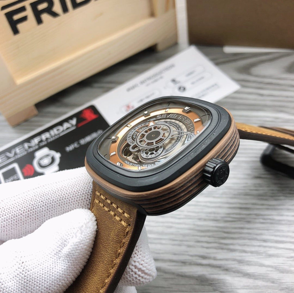 SEVENFRIDAY Bronze Dial Leather Strap Watch — side