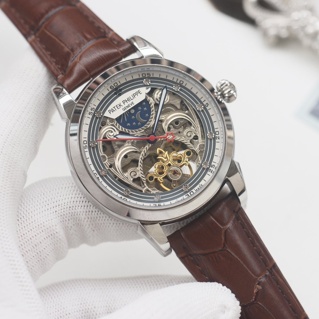 PATEK PHILIPPE Silver Brown Strap Watch — hero