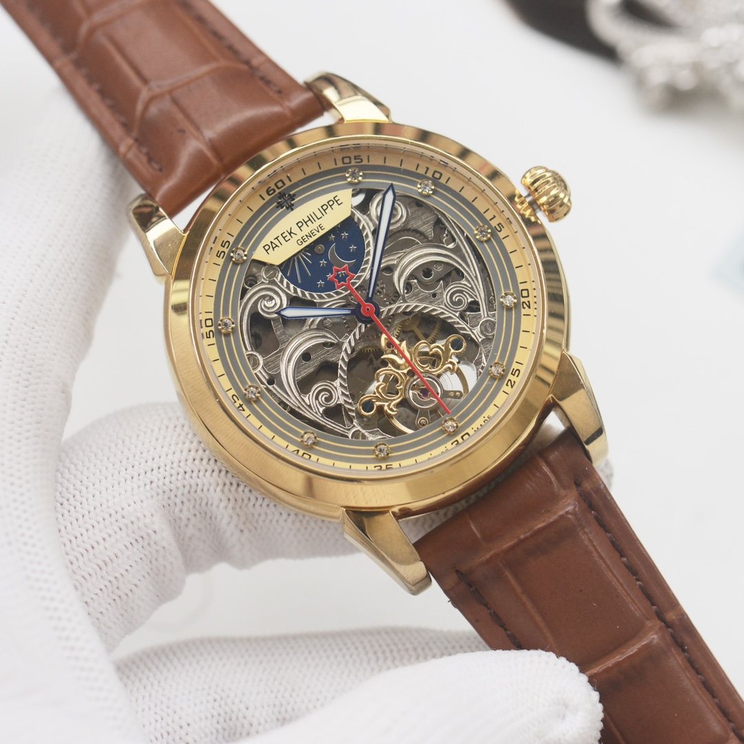PATEK PHILIPPE Gold Brown Strap Watch — front
