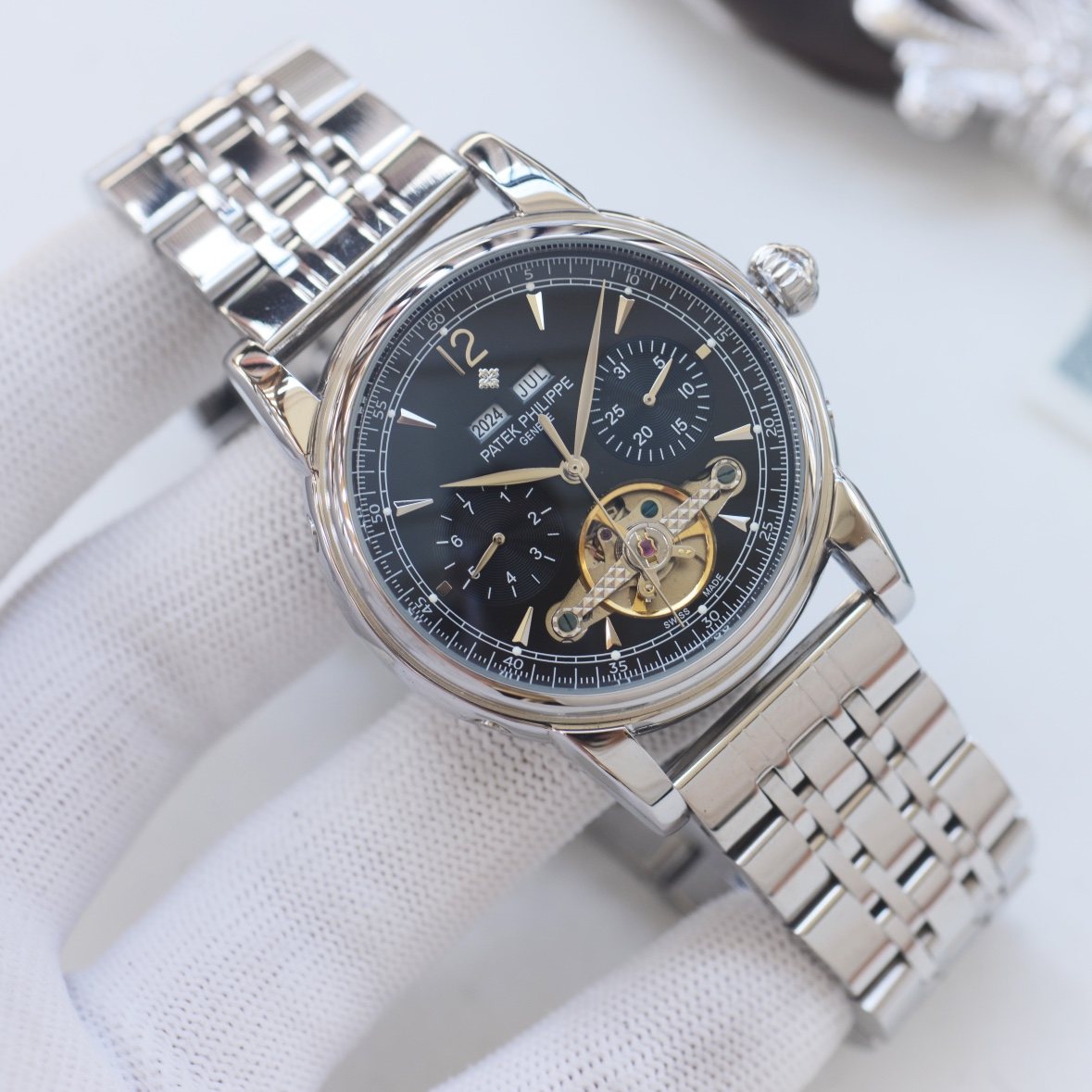PATEK PHILIPPE Silver Black Dial Bracelet Watch — hero