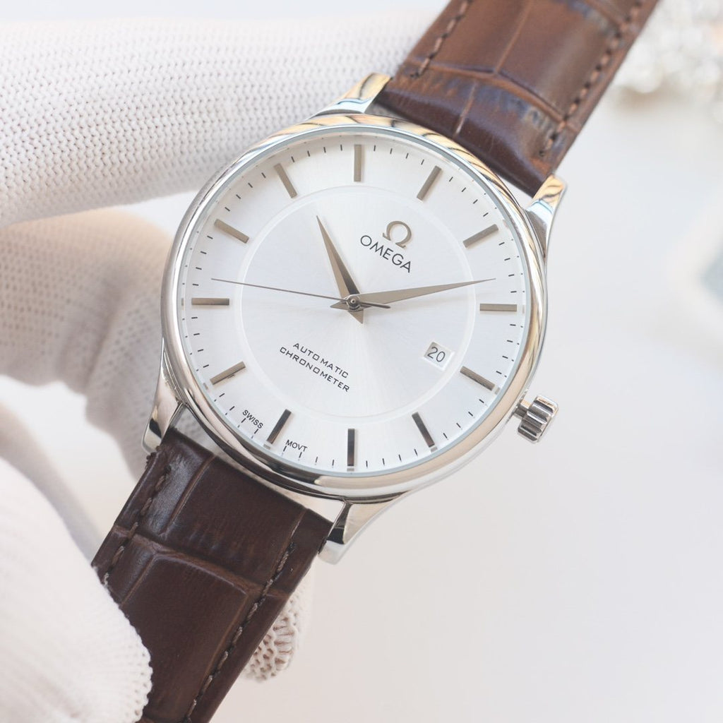 OMEGA Brown Silver White Dial Leather Strap Watch — hero