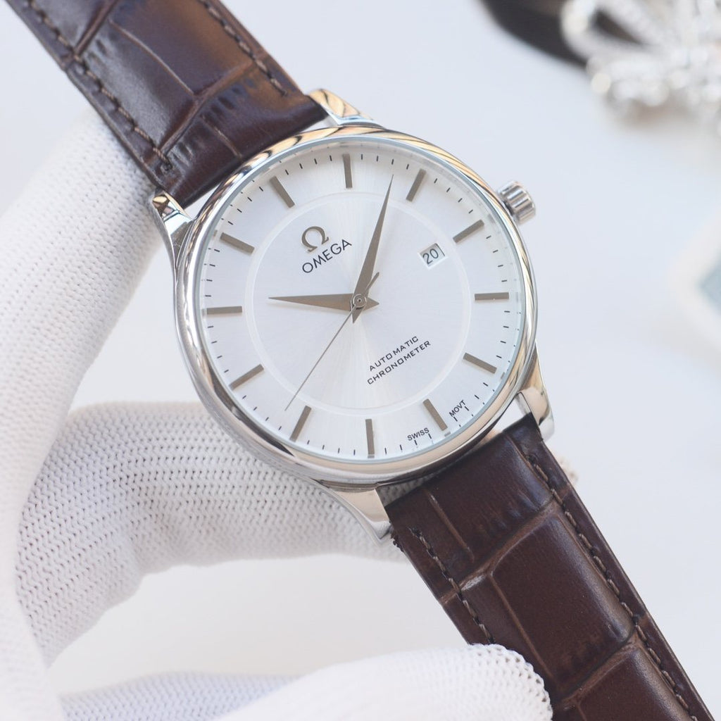OMEGA Brown Silver White Dial Leather Strap Watch — front