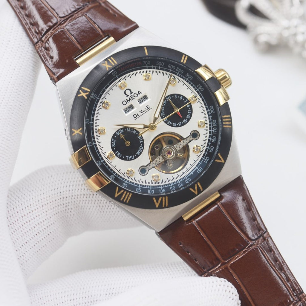 OMEGA Brown Black White Dial Leather Strap Watch — front