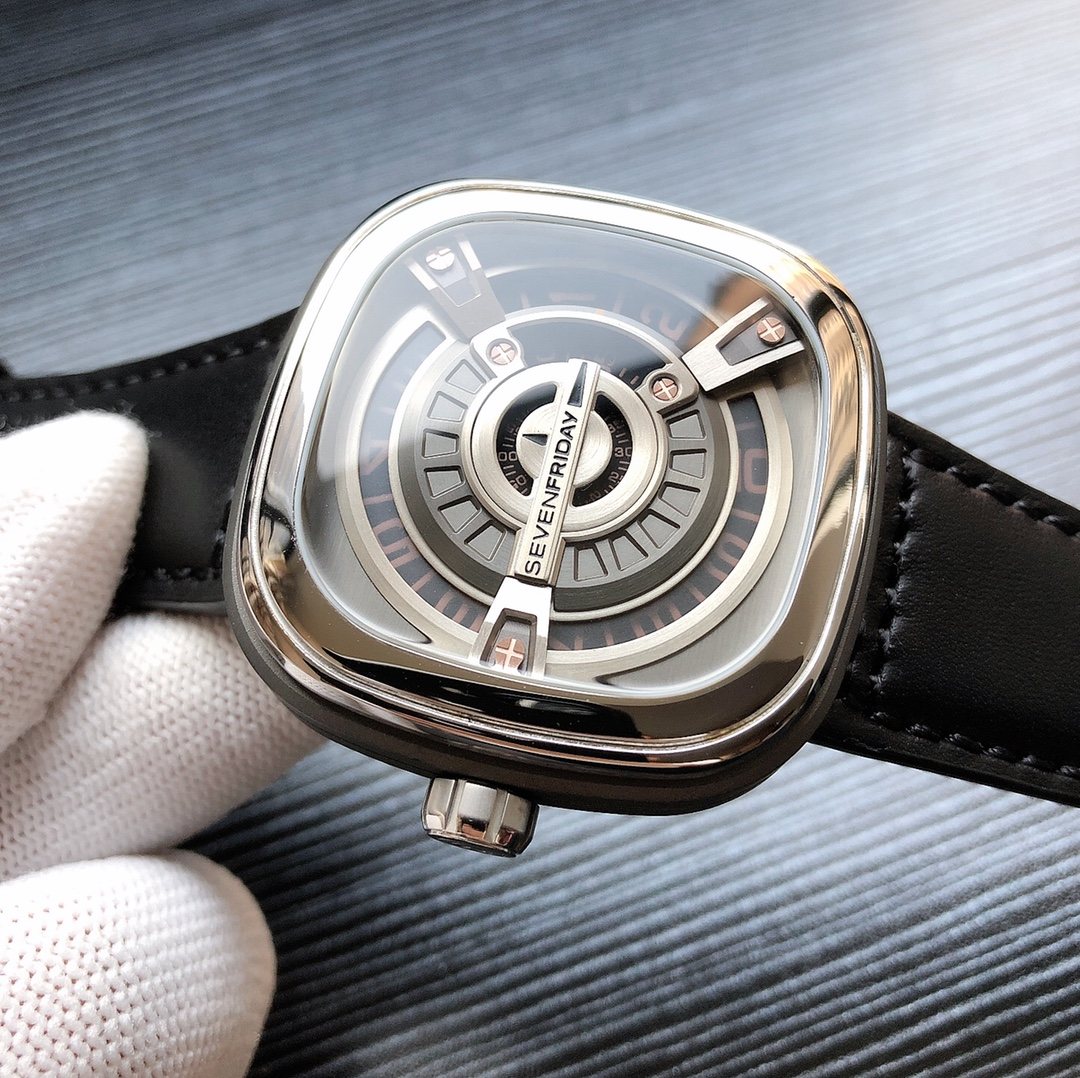 SEVENFRIDAY Black Silver Leather Strap Watch — front