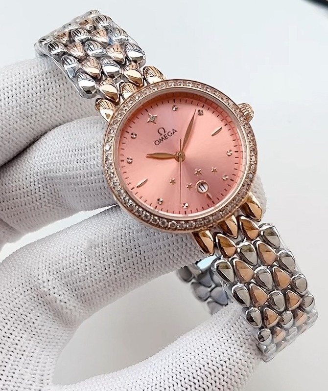 OMEGA Rose Gold Silver Pink Dial Bracelet Watch — hero