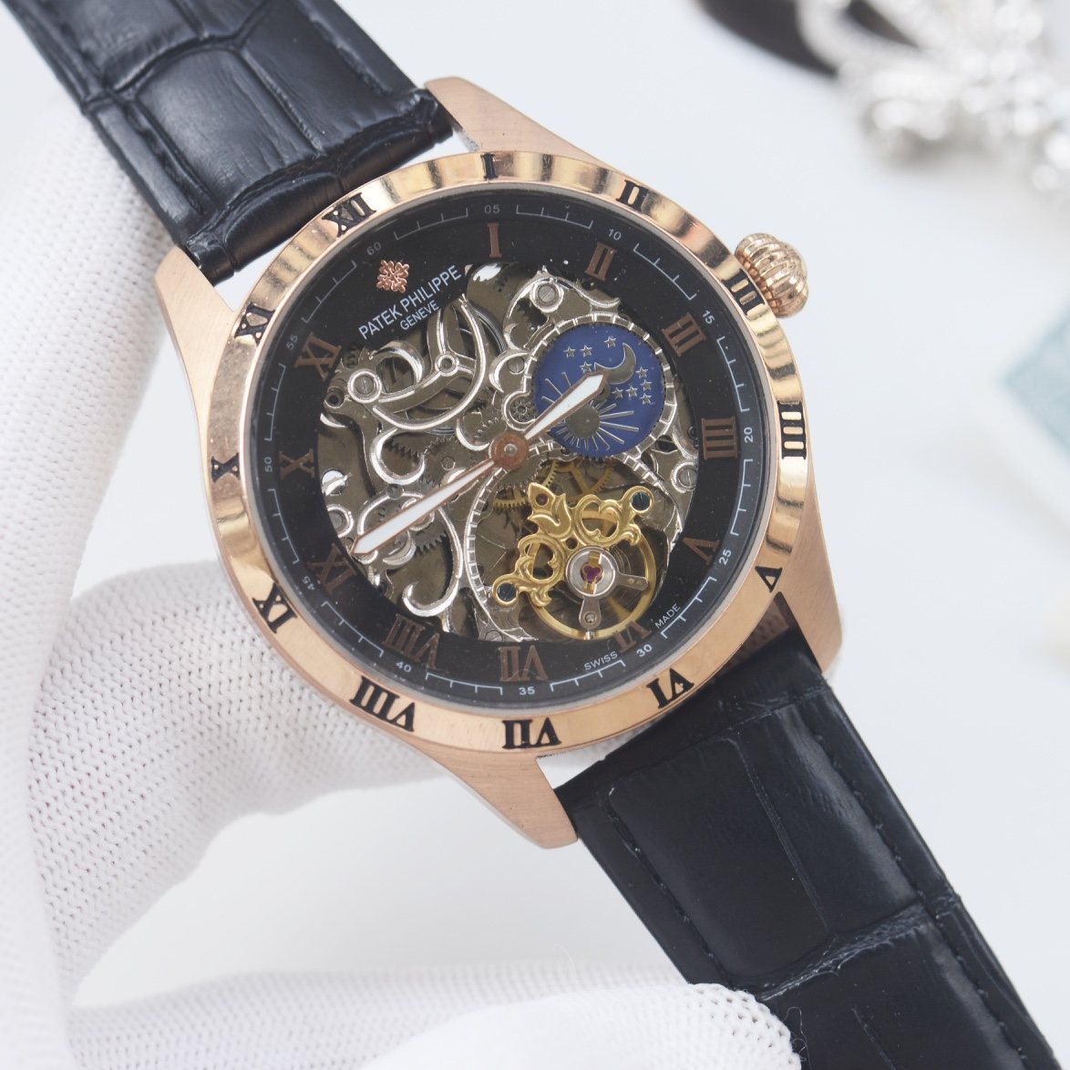 PATEK PHILIPPE Rose Gold Black Strap Watch — hero