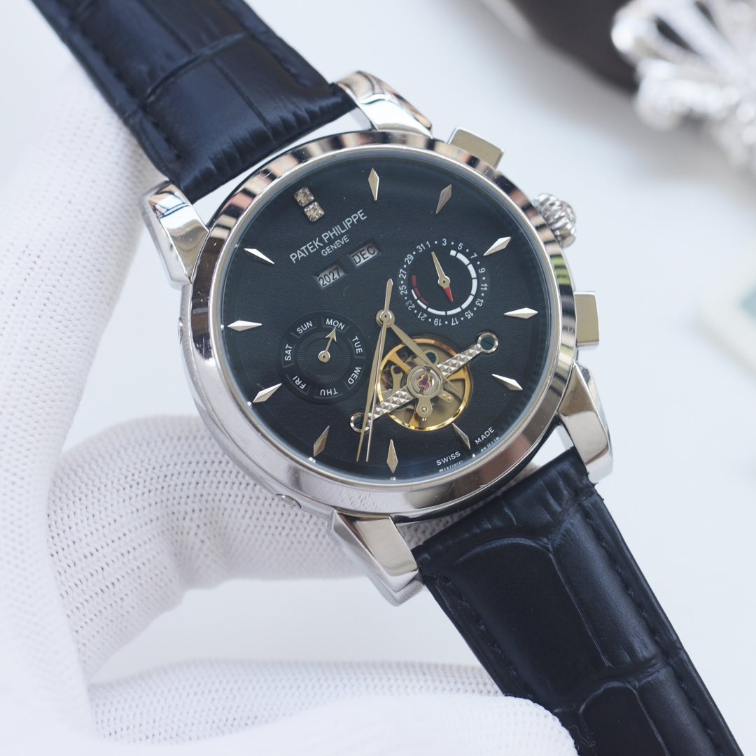 PATEK PHILIPPE Silver Black Dial Strap Watch — hero