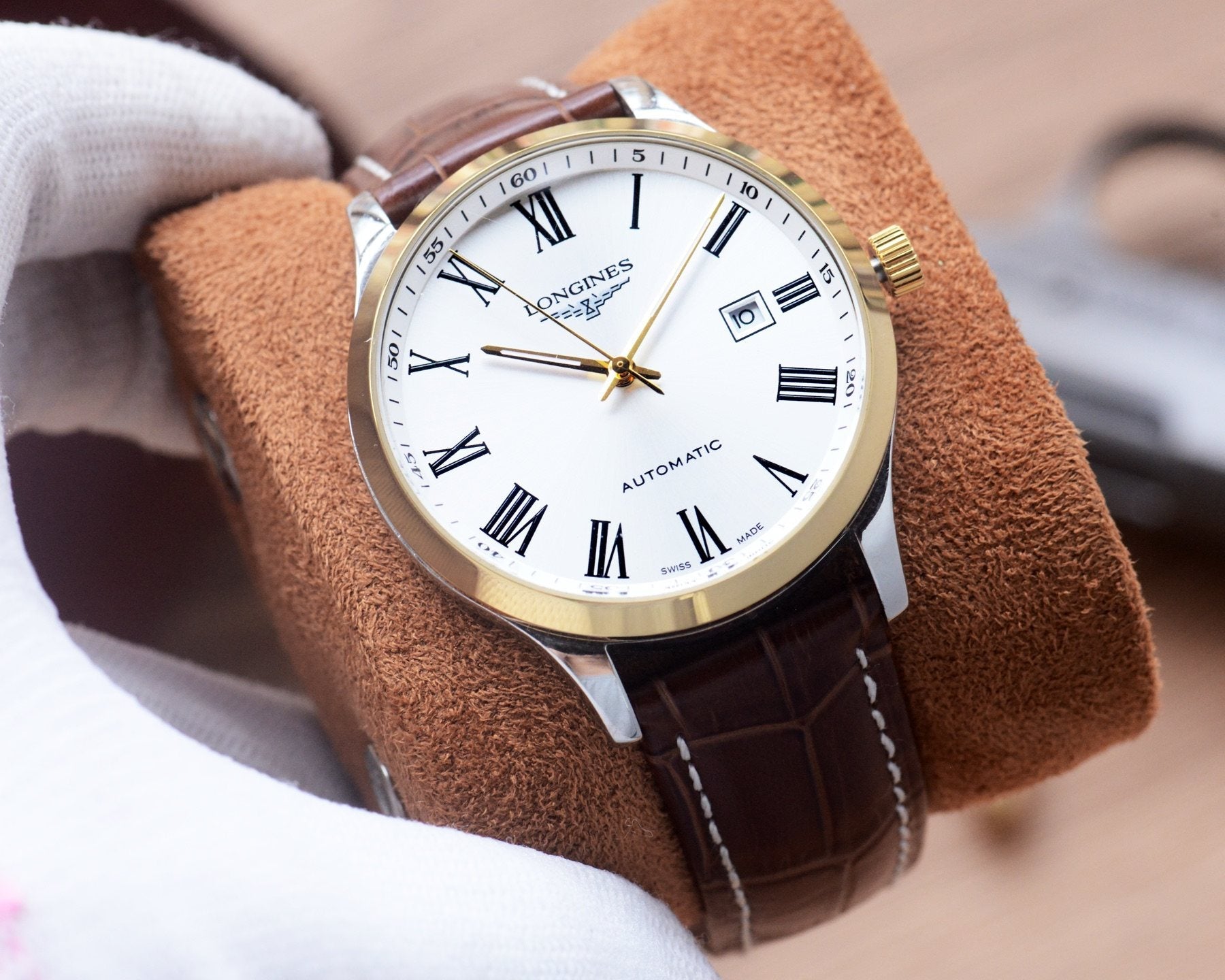 Gold Silver White Dial Leather Strap Watch — front