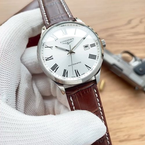 Silver Brown White Dial Leather Strap Watch — front