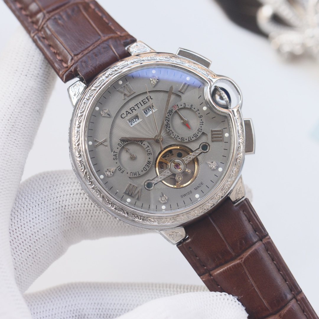 CARTIER Silver Brown Leather Strap Watch — hero