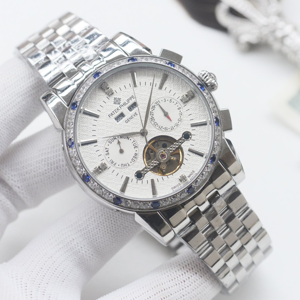 PATEK PHILIPPE Silver Blue White Dial Bracelet Watch — front