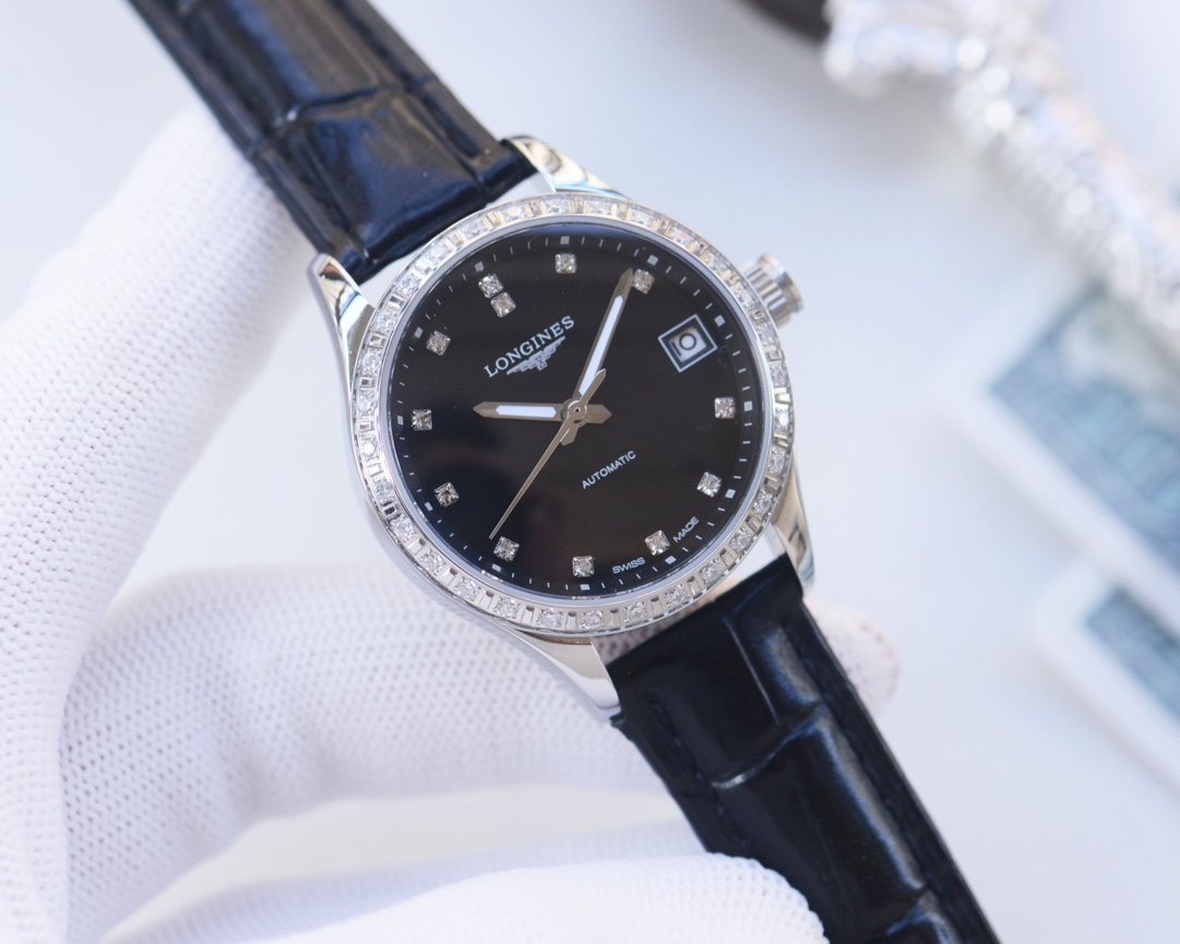 LONGINES Silver Black Dial Leather Strap Watch — hero