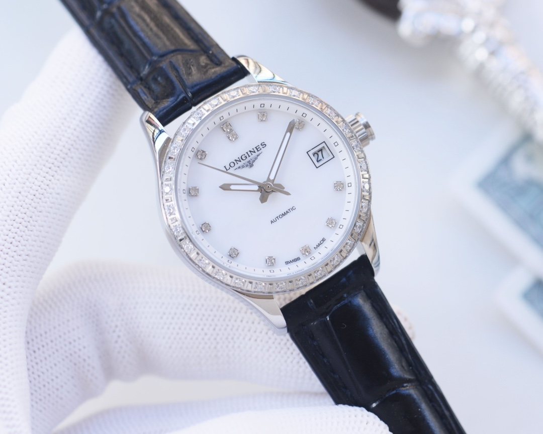 LONGINES Black Silver White Dial Leather Strap Watch — hero