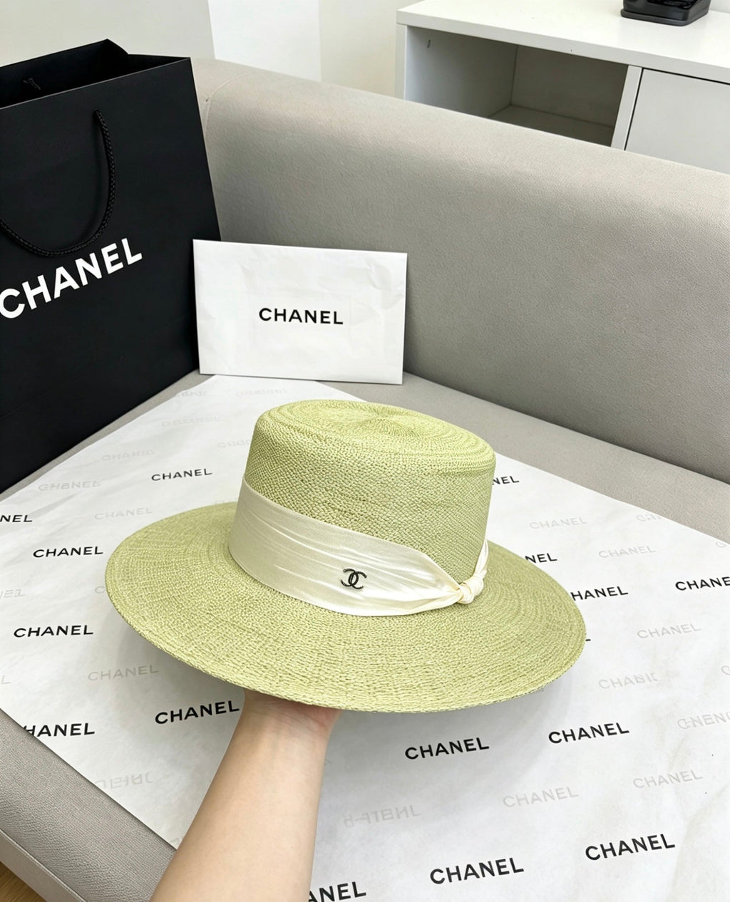 CHANEL Straw Flat-Top Hat