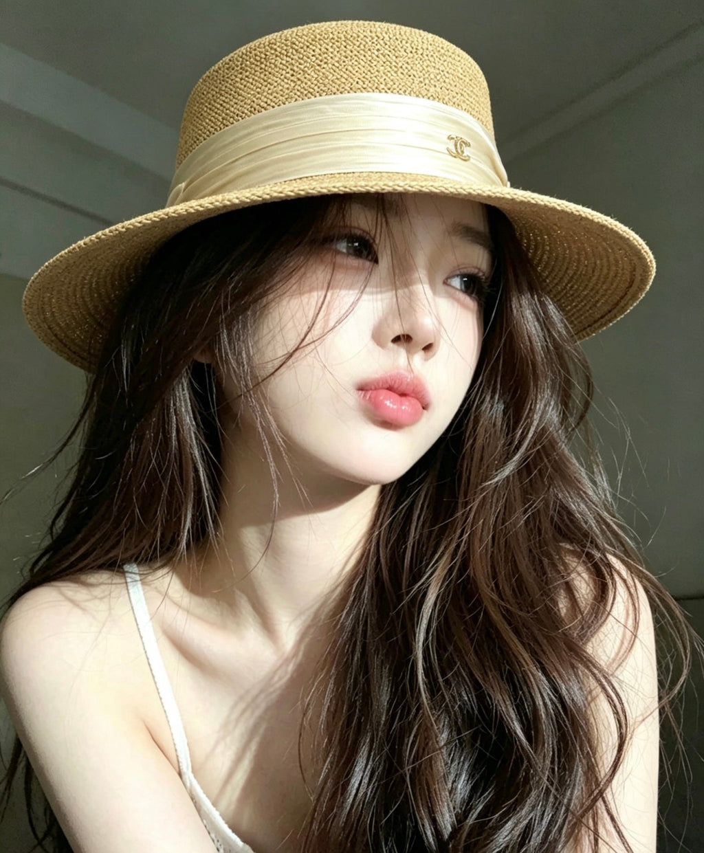 CHANEL Straw Flat-Top Hat